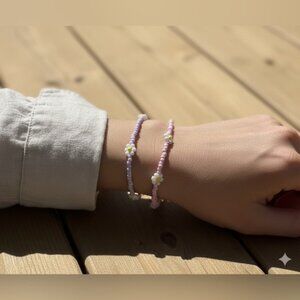 Pink and Purple Beaded Daisy Bracelet Set